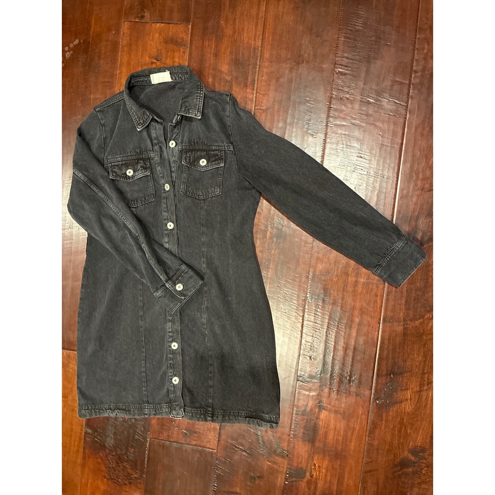 Cotton On Denim Dress Women Large Black Long Sleeve Button Down Mini